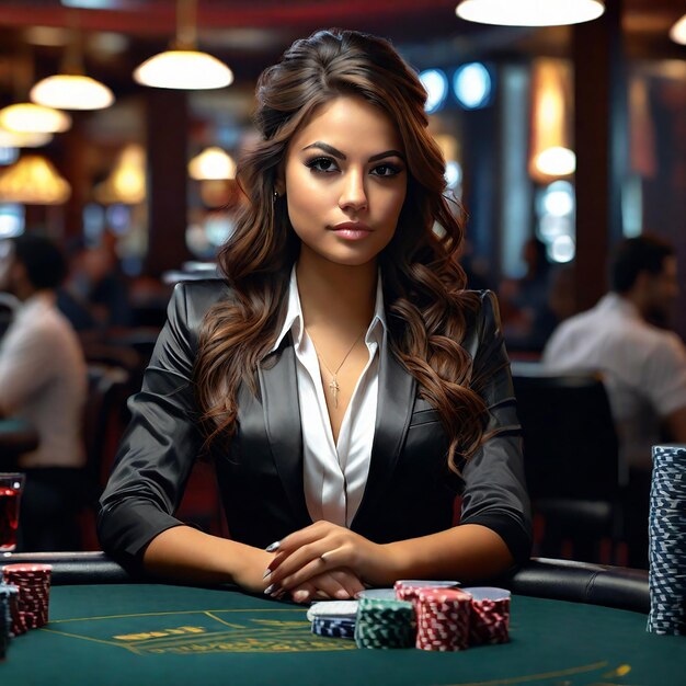 Foto ragazza croupier al tavolo da poker nella sala da poker per il gioco di poker casino texas gioco online