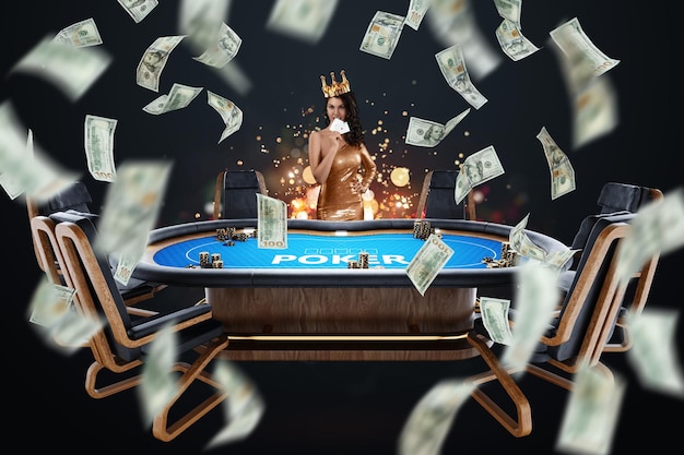 Croupier meisje aan de pokertafel pokerkamer Pokerspel casino Texas hold'em online game kaartspellen Modern design tijdschriftstijl