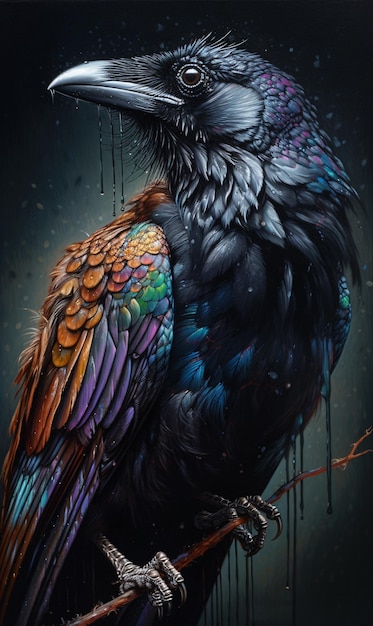 Crow bird on black background detailed painting AI generation