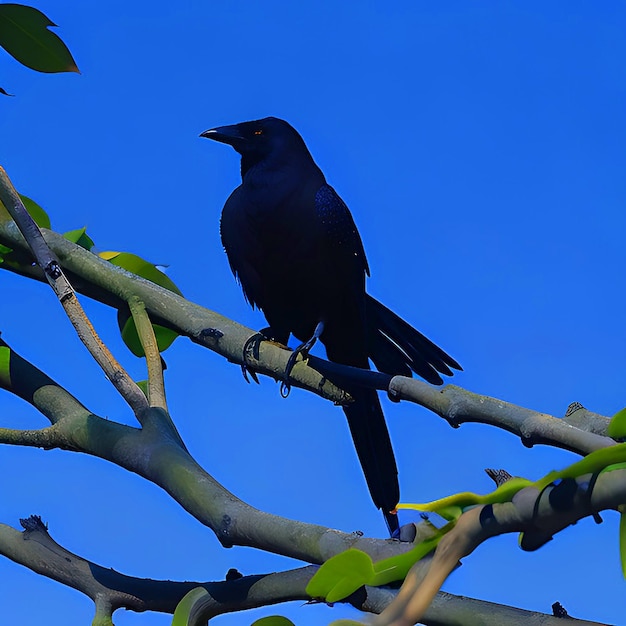 A crow bird is sitting on a tree branch