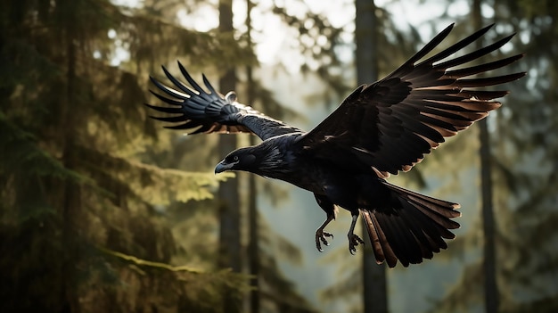 Photo a crow flying near a forest