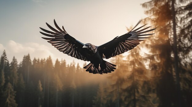 Photo a crow flying near a forest