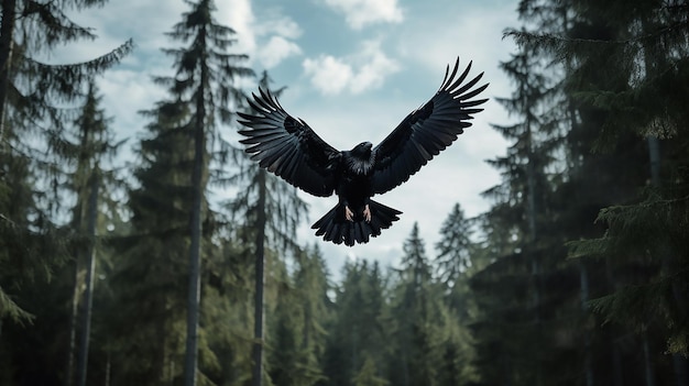 Photo a crow flying near a forest