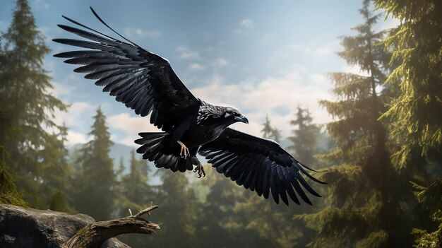 Photo a crow flying near a forest