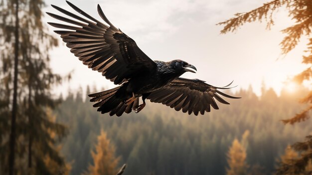 Photo a crow flying near a forest