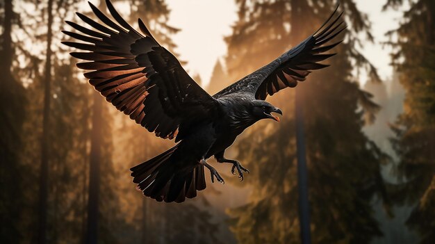 Photo a crow flying near a forest