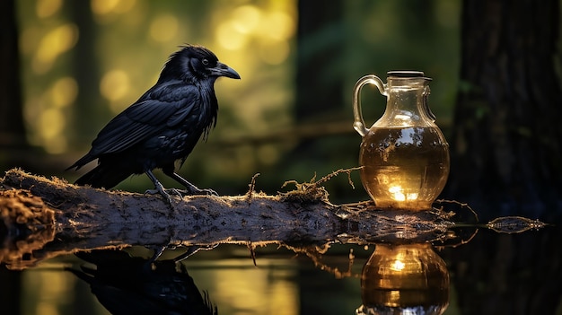 Crow found a water jug in forest