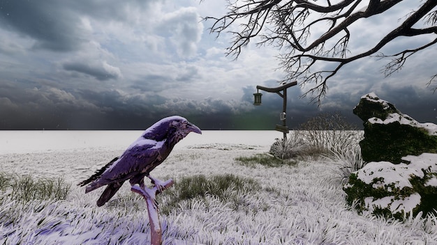 crow in a ghostly scene on halloween