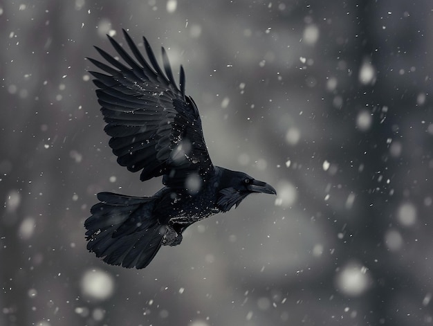 a crow is flying in the snow with a background of snow flakes