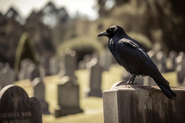 A crow perched on a gravestone in a cemeter