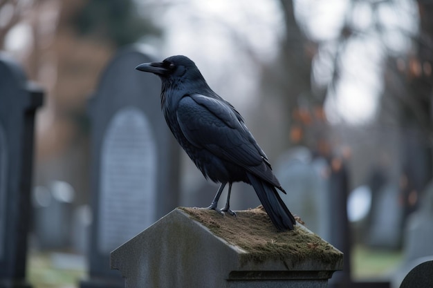 A crow perched on a gravestone in a cemeter