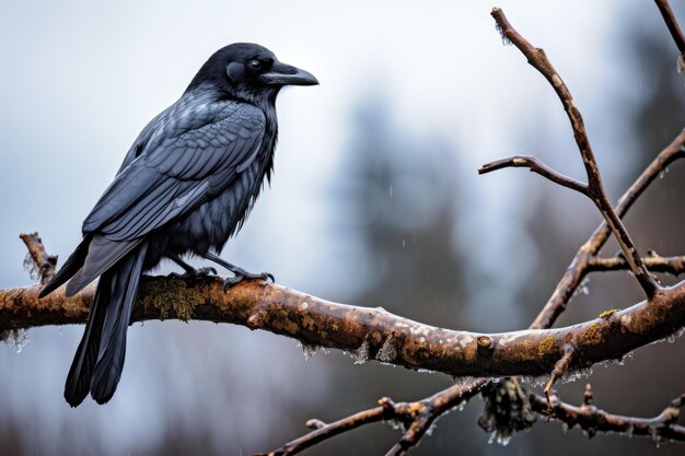 A crow perched ominously on a branch