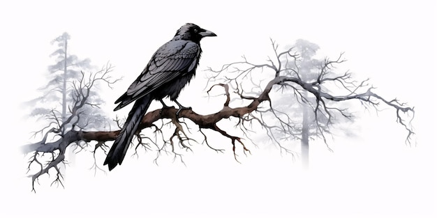 Crow Perched on a Tree Branch Isolated on White Background Raven Generative AI