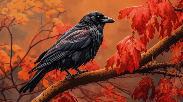 Photo a crow sits on a branch in a fall scene.