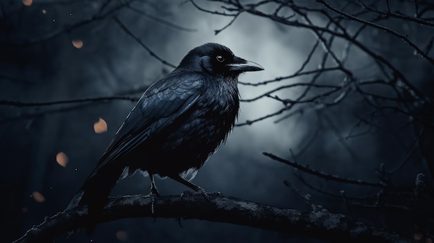 A crow sits on a branch in a forest with icicles hanging from the branchesgenerative ai