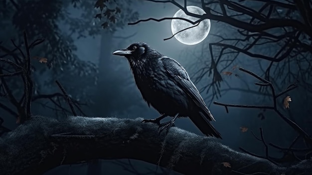 Photo a crow sits on a branch in a forest with icicles hanging from the branchesgenerative ai