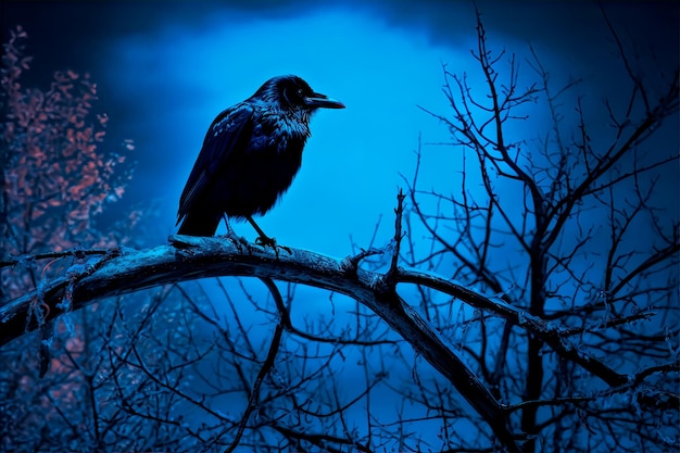 A crow sits on a branch in front of a blue sky.