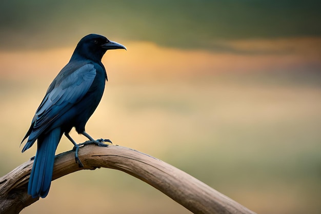 A crow sits on a branch in front of a sunset.