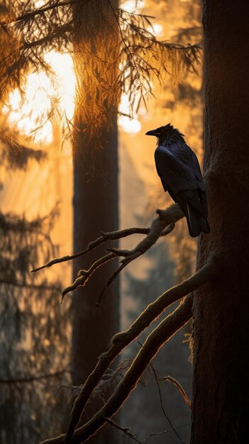 Photo a crow sits on a branch in the sunset.