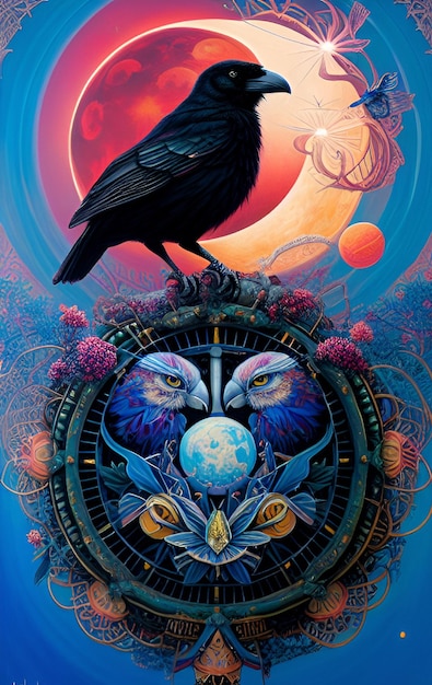 A crow sits on a clock that says'the moon'on it