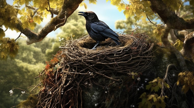 Photo a crow sits in a nest in a tree.