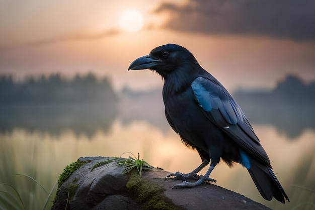 A crow sits on a rock in front of a sunset.