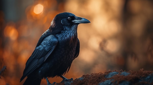 A crow sits on a rock in the woods.