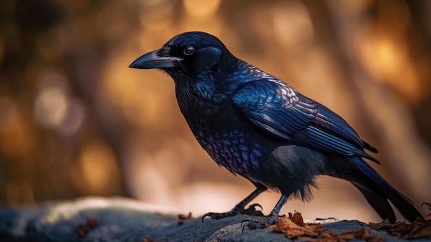 A crow sits on a rock in the woods.