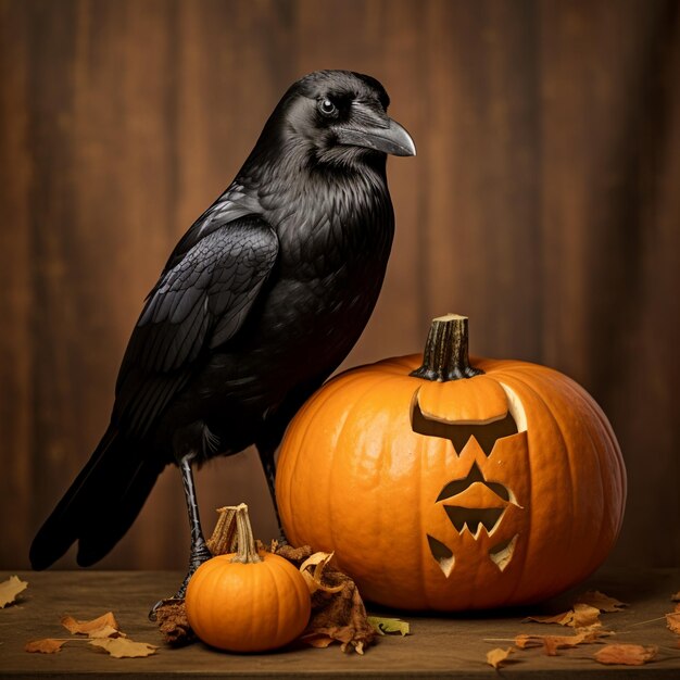 crow sitting on a Halloween pumpkin AI Generative