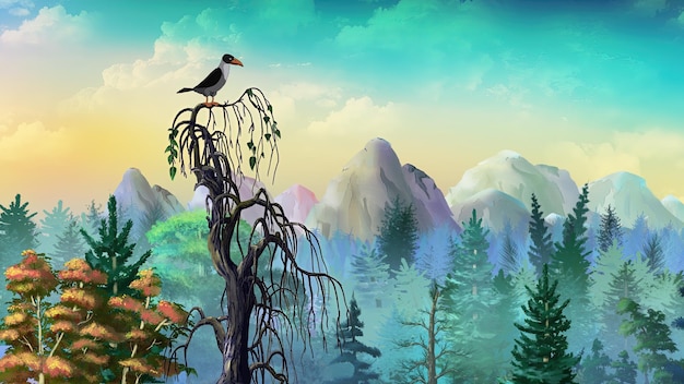 crow on top of a tree illustration