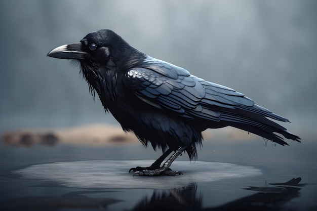 A crow with a black beak sits on a ice.