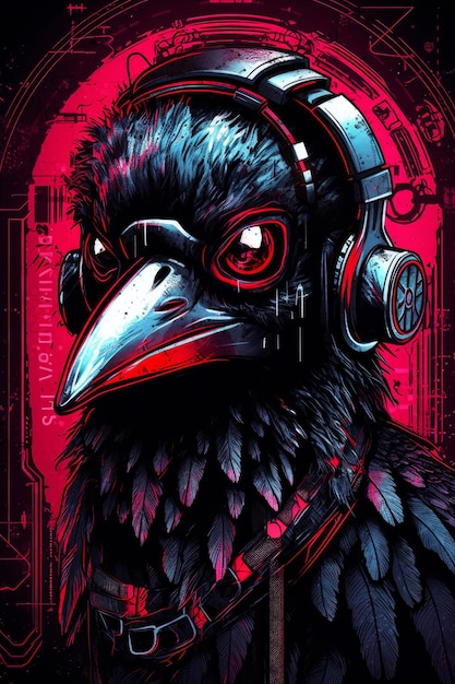 A crow with headphones on and a pink background.