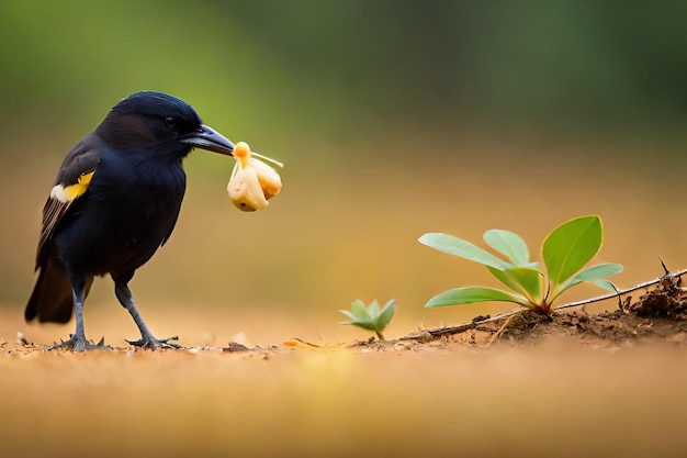 A crow with a nut in his mouth