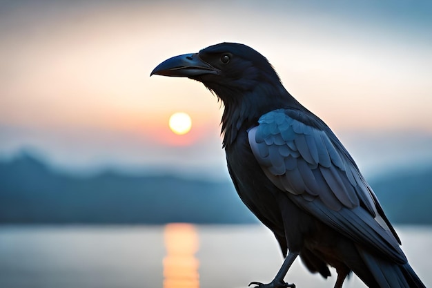 A crow with a sunset in the background