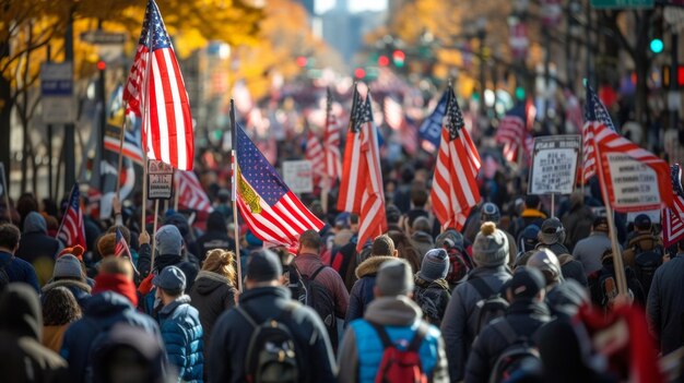 Foto folla di americani con le bandiere a manifestazioni nel centro di washington