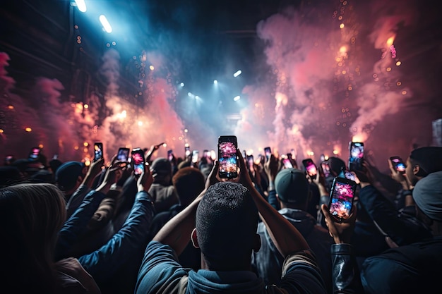 Crowd on big perfomance people filming on phones