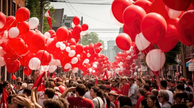 캐나다 데이를 축하하는 거리의 캐나다인 군중