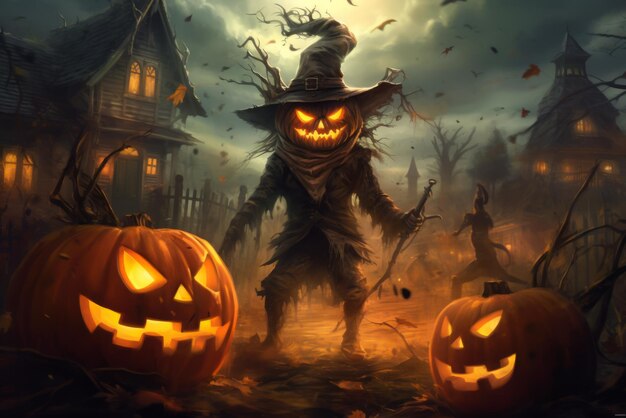 A crowd of carved pumpkins and Halloween shepherd walking at night Halloween concept Generative ai Illustration oil painting of Halloween celebrating