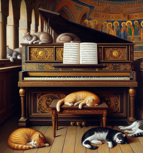 Foto folla di gatti che dormono profondamente pacificamente vicino a un pianoforte verticale in un vecchio appartamento in stile