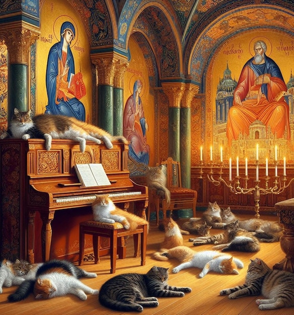 crowd of cats deep sleep peaceful near a vertical piano in old style apartment