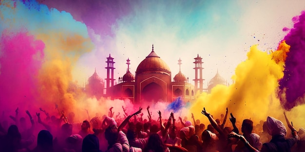 A crowd celebrating holi festival in india