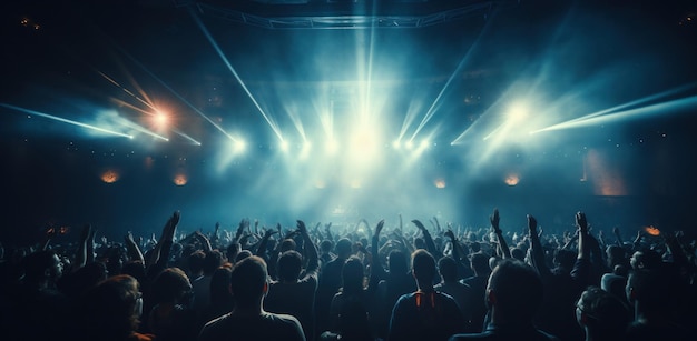 Photo crowd at concert lit up light beams