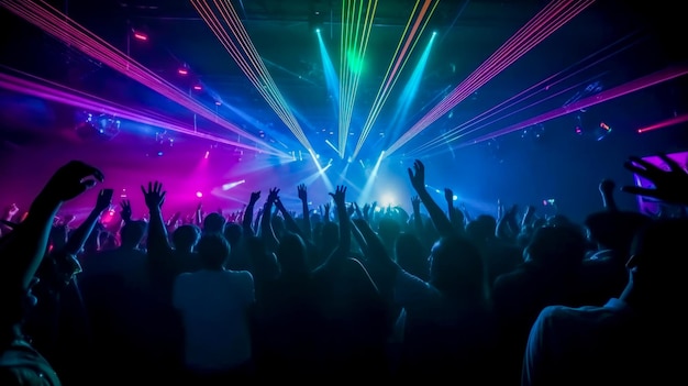 A crowd at a concert with colorful lights and lasers