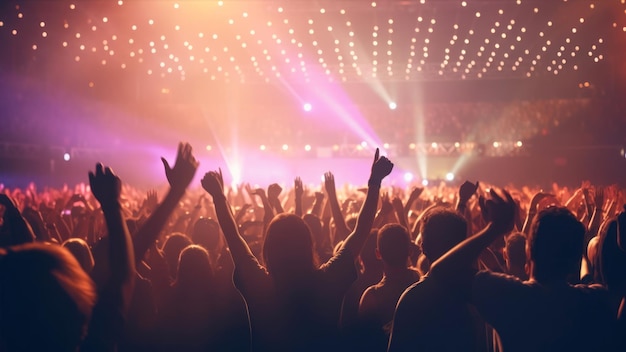 A crowd at a concert with lights in the background