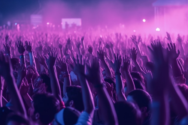 A crowd at a concert with purple and pink lights