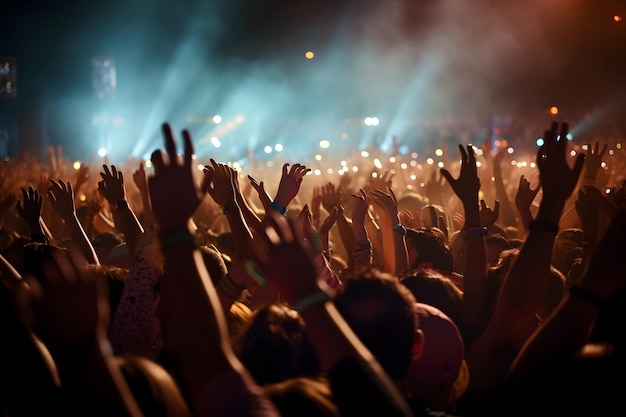 Foto una folla a un concerto con le mani alzate verso le luci