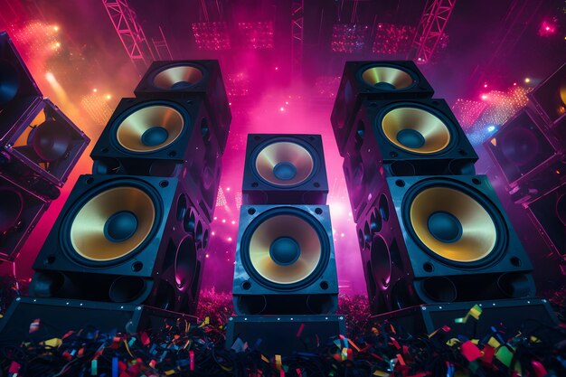 Crowd dancing in front of speakers on a stage