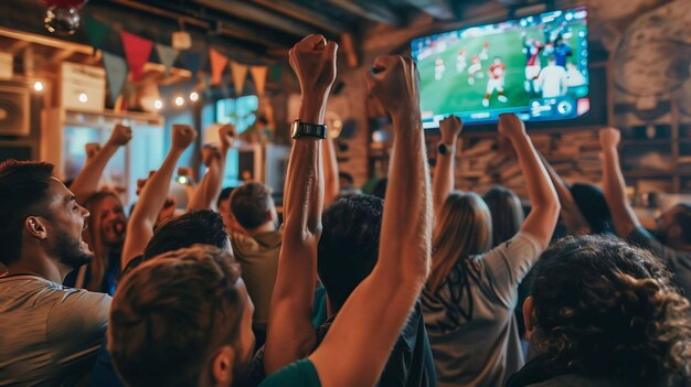 Photo crowd of diverse people watching a game on tv and cheering for their favorite team