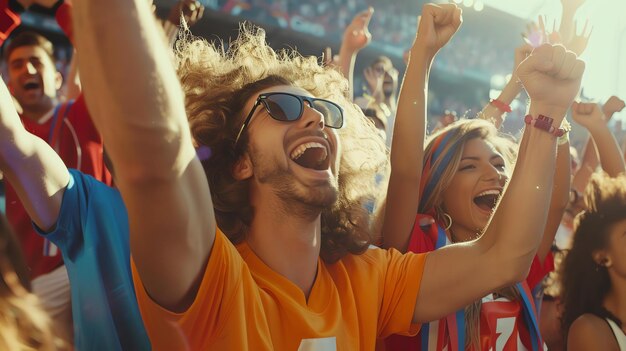 Crowd of diverse spectators cheering and celebrating at a sports event They are all wearing casual clothes and are very excited