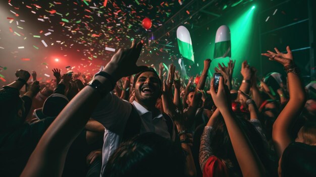 Crowd in dubai waving hands to celebrate happy new year